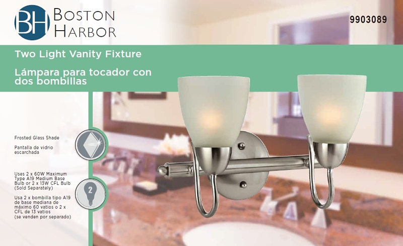 Boston Harbor V83NK02 Vanity Bar Fixture, 60 W, 2-Lamp, A19 or CFL Lamp, Steel Fixture, Brushed Nickel Fixture