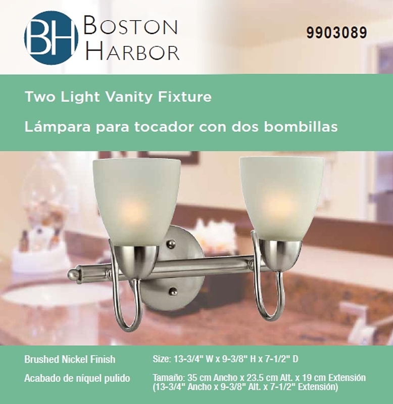 Boston Harbor V83NK02 Vanity Bar Fixture, 60 W, 2-Lamp, A19 or CFL Lamp, Steel Fixture, Brushed Nickel Fixture