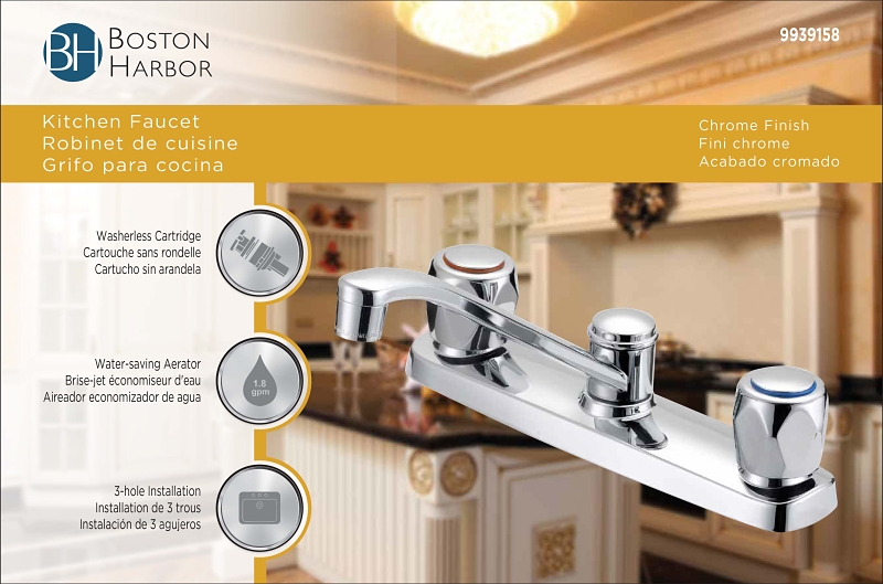 Boston Harbor OMETQO1235CP-LF Kitchen Faucet, 1.8 gpm, 3-Faucet Hole, Metal/Plastic, Chrome Plated, Deck Mounting
