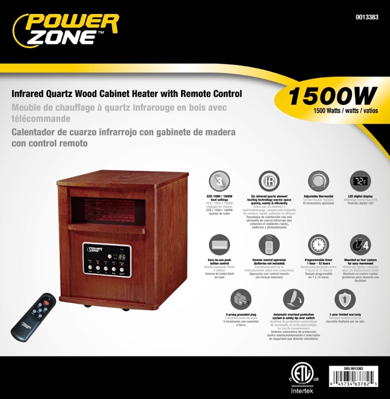 PowerZone WH-96H Infrared Quartz Wood Cabinet Heater with Remote Control, 12.5 A, 120 V, ECO/1000/1500W W, Cherry