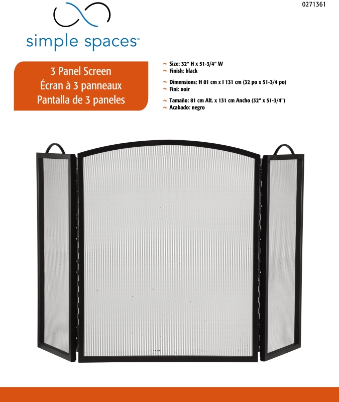 Simple Spaces CPO90505BK3L 3-Panel Fireplace Screen, Black