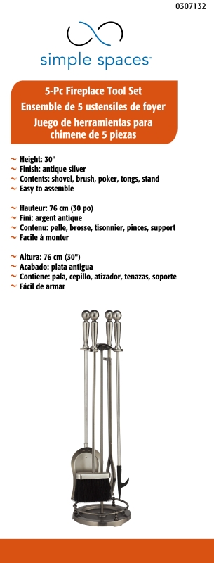 Simple Spaces VPD51443AS3L Fireplace Tool Set, Antique Silver, 5-Piece