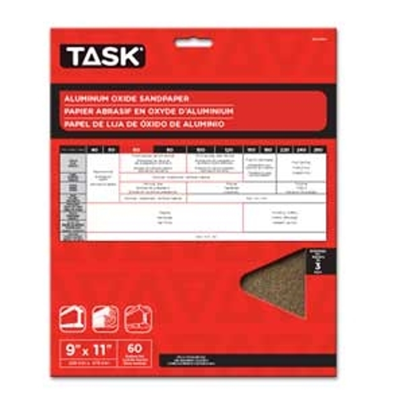 TASK PA15060 Sandpaper, 11 in L, 9 in W, Medium, 60 Grit, Aluminum Oxide Abrasive, Paper Backing