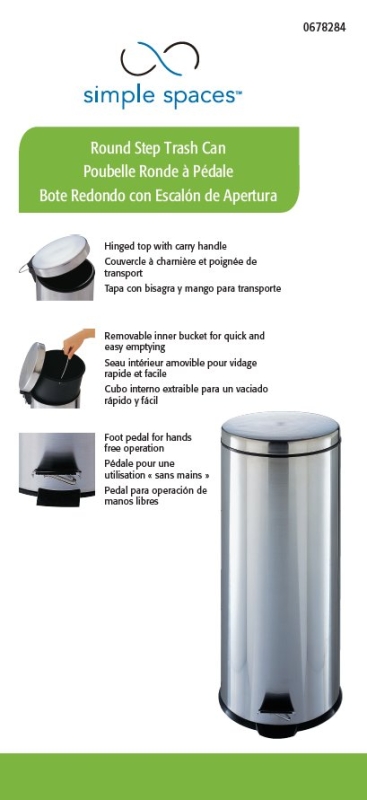 Simple Spaces LYP30F3-3L Trash Can, 7.93 gal Capacity, Plastic/Stainless Steel/Steel, Silver, Flat Lid Closure