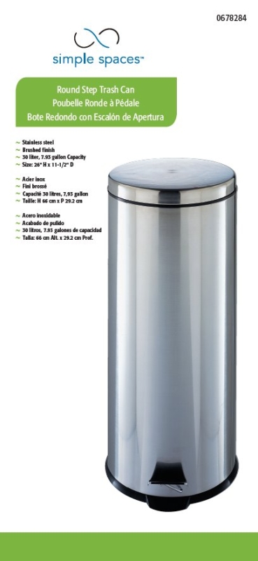Simple Spaces LYP30F3-3L Trash Can, 7.93 gal Capacity, Plastic/Stainless Steel/Steel, Silver, Flat Lid Closure