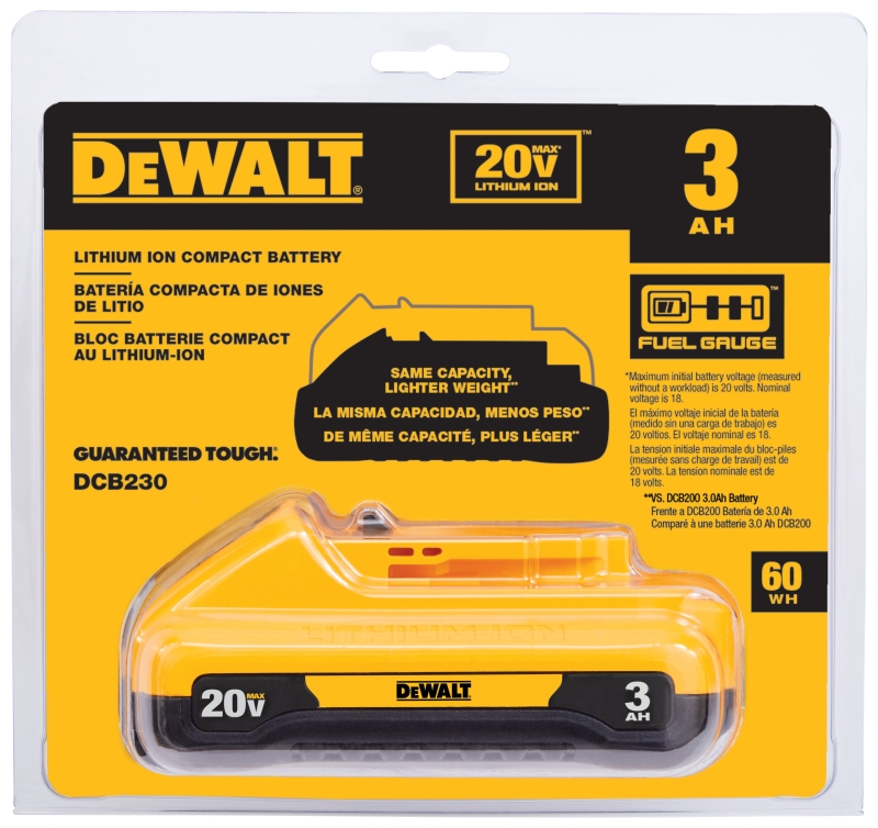 DEWALT DCB230 Compact Battery, 20 V Battery, 3 Ah, 45 min Charging