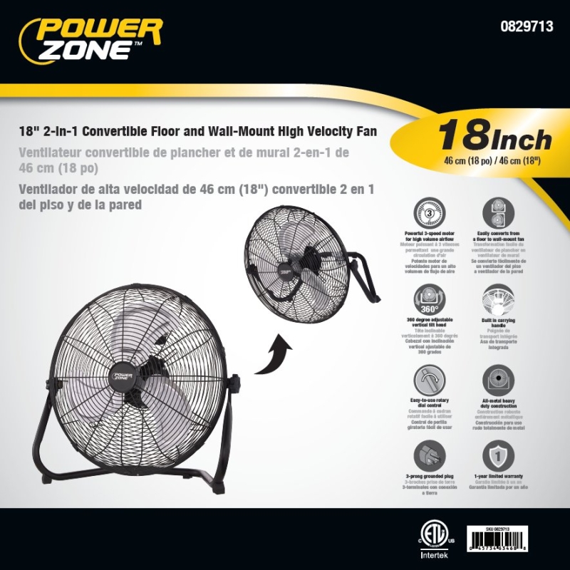 PowerZone LF-18 Floor Fan, 120 VAC, 18 in Dia Blade, 3-Blade, 3-Speed, 360 deg Rotating, Black