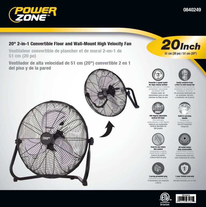 PowerZone LF-20 Floor Fan, 120 VAC, 20 in Dia Blade, 3-Blade, 3-Speed, 360 deg Rotating, Black