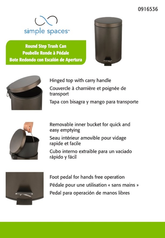 Simple Spaces LYP0701 Trash Can, 1.85 gal Capacity, Plastic/Stainless Steel/Steel, Venetian Bronze, Flat Lid Closure