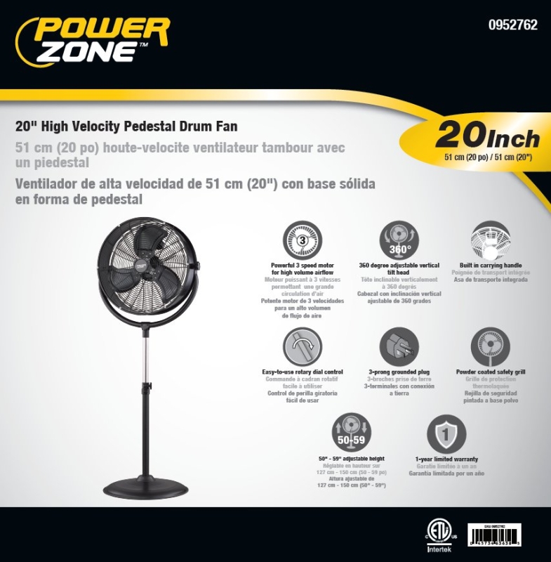 PowerZone FES50-T2 Pedestal Fan with Drum/Stand, 120 V, 1.25 A, 20 in Dia Blade, 3-Blade, Metal Blade, Black