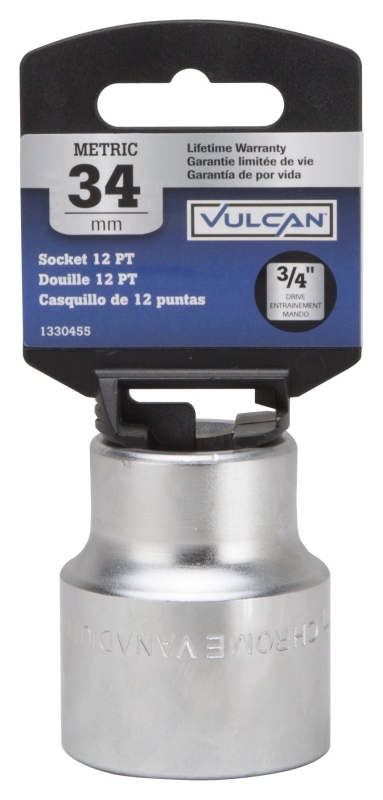 Vulcan MT-SM6034 Drive Socket, 34 mm Socket, 3/4 in Drive, 12-Point, Chrome Vanadium Steel, Chrome