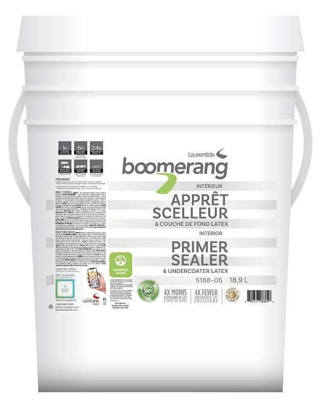 Boomerang 5188-05L34 Latex Primer, Water Base, Flat, White, 18.9 L, Pail