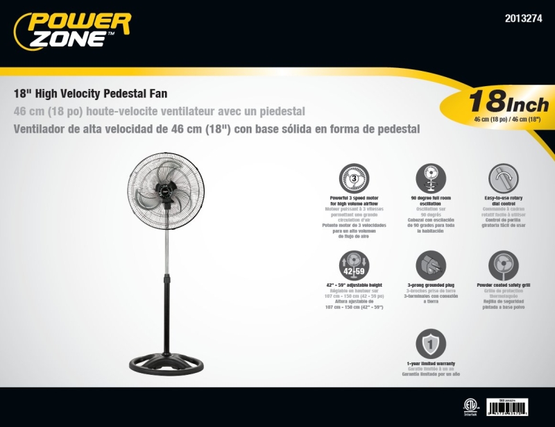 PowerZone CZHVP18EXP High-Velocity Pedestal Fan, 120 V, 0.83 A, 90 deg Sweep, 18 in Dia Blade, 3-Blade, Metal Blade