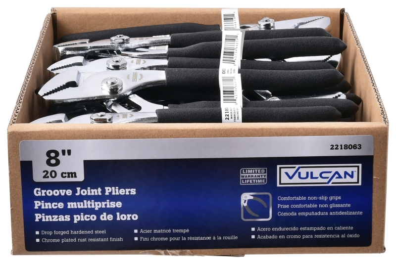 Vulcan JL-NP002 Groove Joint Plier, 8 in OAL, 1 in Jaw, Black Handle, Non-Slip Handle, 1 in W Jaw, 1 in L Jaw