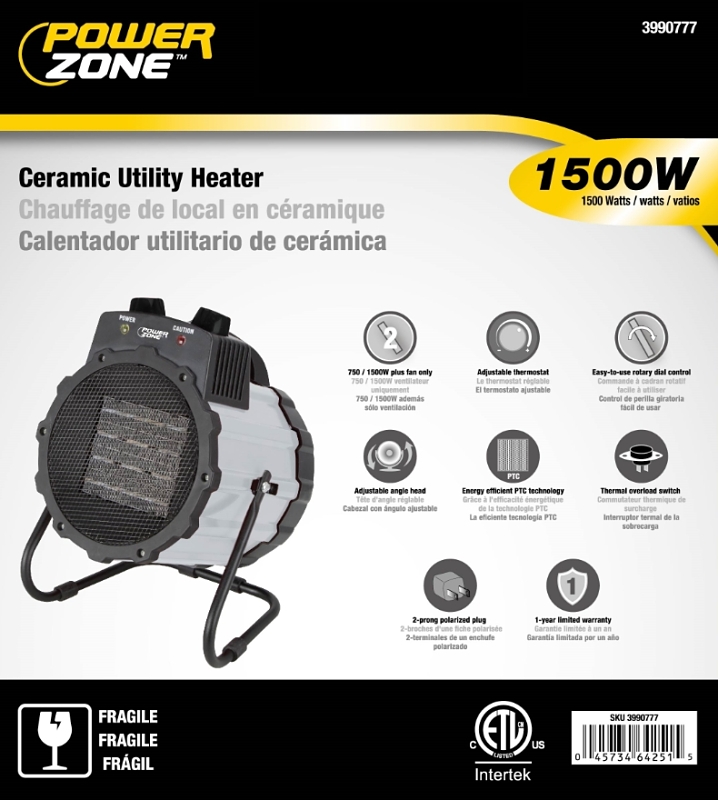 PowerZone BNT-15B2 Ceramic Utility Heater, 12.5 A, 120 V, 750/1500 W, 2-Heat Setting, Grey