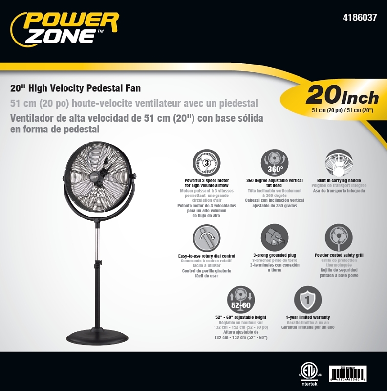 PowerZone FES50-T5 High-Velocity Pedestal Stand Fan, 120 V, 1.25 A, 20 in Dia Blade, 3-Blade, Metal Blade, Black