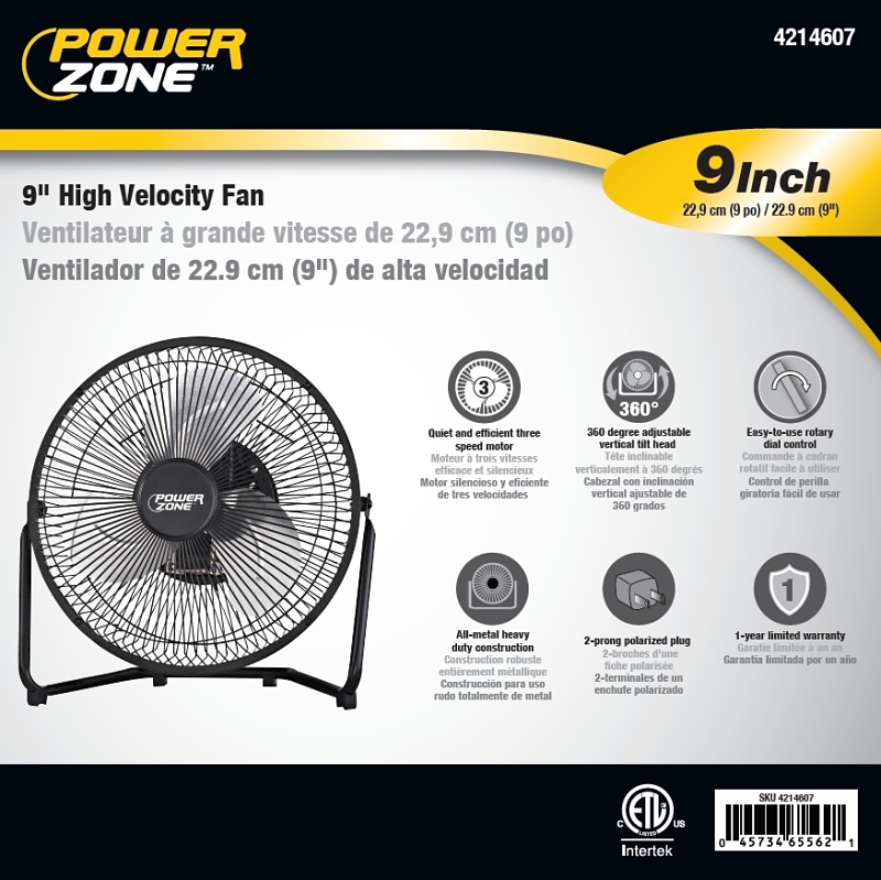 PowerZone VF-9N High-Velocity Fan, 120 VAC, 9 in Dia Blade, 3-Blade, 3-Speed, 180 deg Rotating, Black