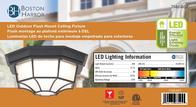 Boston Harbor LED-3003M Flush Mount Ceiling Fixture, 120 V, 13.76 W, 1-Lamp, LED Lamp, 880 Lumens, 3000 K Color Temp