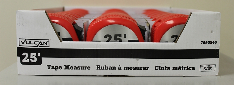 Vulcan 62-7.5X25-R Rule Tape, 25 ft L Blade, 1 in W Blade, Steel Blade, ABS Plastic Case, Red Case