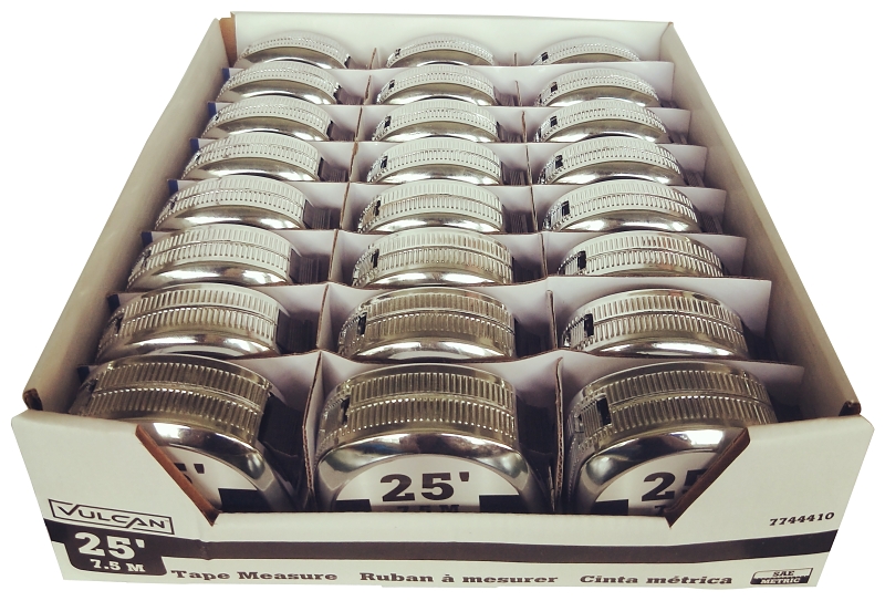 Vulcan 62-7.5X25-C Tape Measure, 25 ft L Blade, 1 in W Blade, Steel Blade, ABS Plastic Case, Silver Case