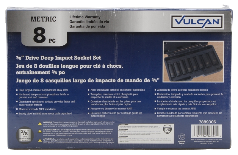 Vulcan MTI8-M Socket Set, Chrome Molybdenum Steel, Tempered Phosphate