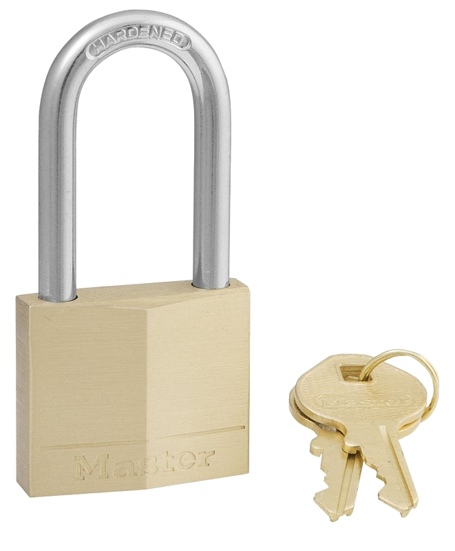 Master Lock 140DLF Padlock, Keyed Different Key, 1/4 in Dia Shackle, Steel Shackle, Brass Body, 1-9/16 in W Body