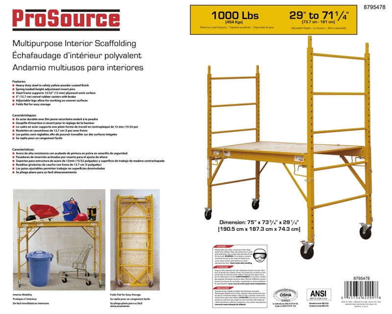 ProSource YH-SD601 Portable Scaffold, 29 in W Rail, 1-1/2 in D Rail, 69 in H Rail, 29 to 71-1/4 in H Adjustment, 1-Deck