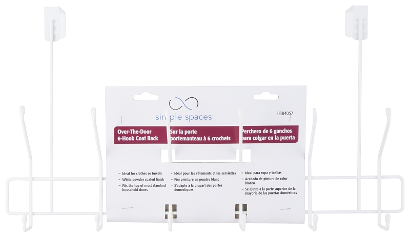 Simple Spaces SS-HG6-50-PE-3L Door Garment Hook, 6 lb, 6-Hook, Steel, Powder Coated, Hanging Mounting