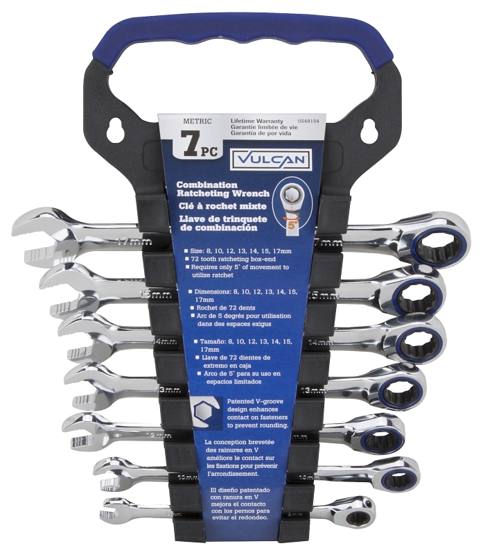 Vulcan PG7M Wrench Set, 7-Piece, Chrome Vanadium Steel, Mirror Polish, Silver, Specifications: Metric