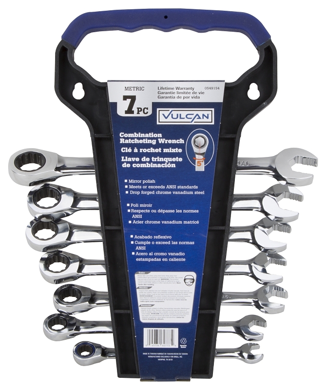Vulcan PG7M Wrench Set, 7-Piece, Chrome Vanadium Steel, Mirror Polish, Silver, Specifications: Metric