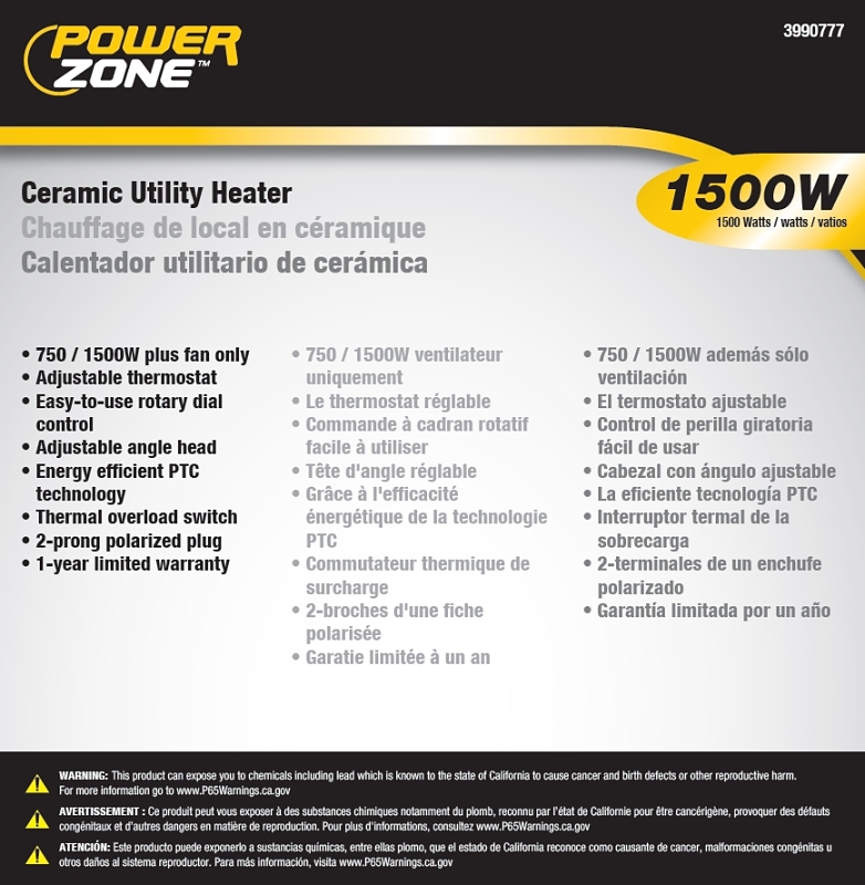PowerZone BNT-15B2 Ceramic Utility Heater, 12.5 A, 120 V, 750/1500 W, 2-Heat Setting, Grey