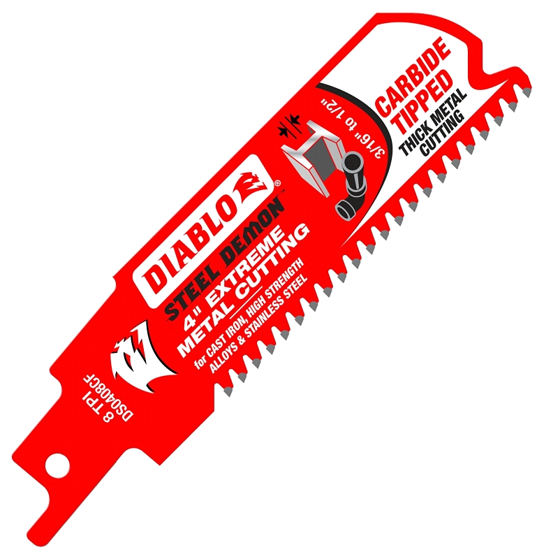 Diablo DS0408CFC Reciprocating Saw Blade, Applicable Materials: Cast Iron, Stainless Steel, 1 in W, 4 in L, 8 TPI