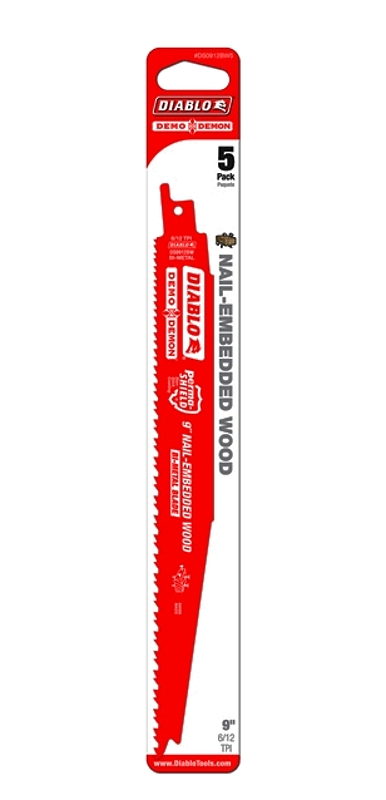 Diablo DS0912BW5C Reciprocating Saw Blade, 1 in W, 9 in L, 6/12 TPI, Bi-Metal Cutting Edge