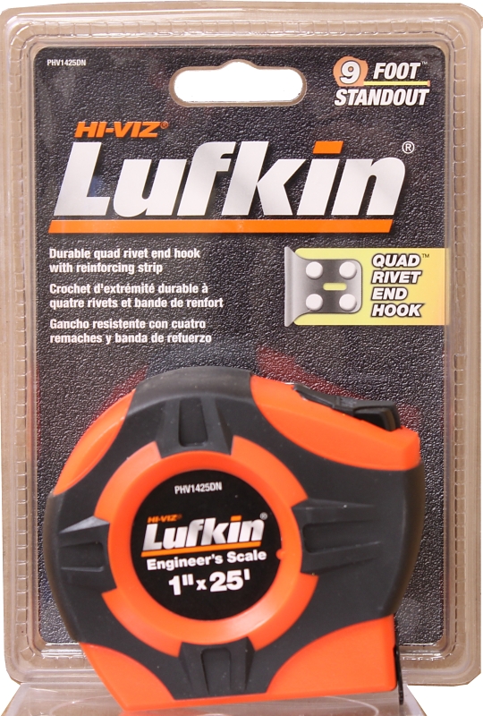 Crescent Lufkin PHV1425DN Tape Measure, A4 Blade, 25 ft L Blade, 1 in W Blade, Steel Blade, ABS Case, Orange Case