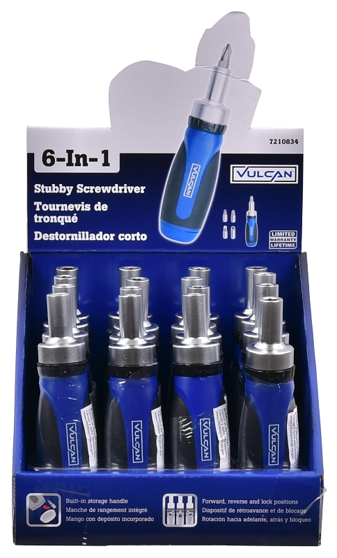 Vulcan 900063 Screwdriver Ratchet, #0, #1, #2, 3/16, 1/4 in Drive, Philips & Slotted Drive, 4-1/2 in OAL, Plastic Handle
