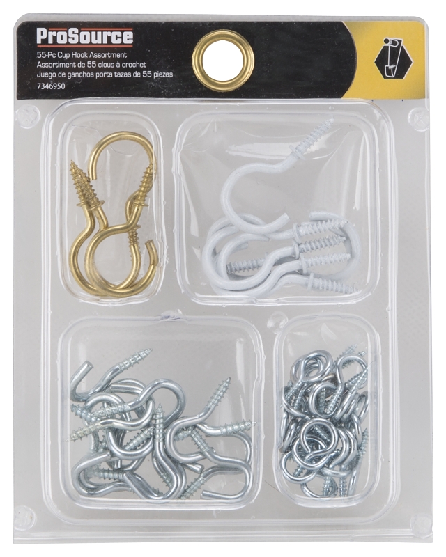 ProSource JL420023L Cup Hook Set, Steel, Polished Brass/White Powder-Coated/Zinc
