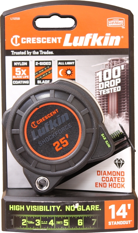 Crescent Lufkin Shockforce Series L1125B-02 Dual Sided Tape Measure, A26 Blade, 25 ft L Blade, 1-3/16 in W Blade