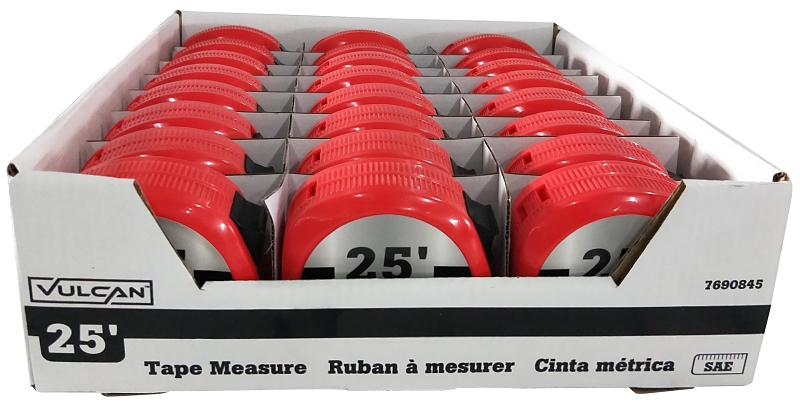 Vulcan 62-7.5X25-R Rule Tape, 25 ft L Blade, 1 in W Blade, Steel Blade, ABS Plastic Case, Red Case