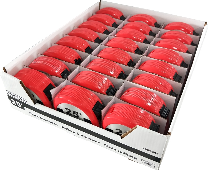 Vulcan 62-7.5X25-R Rule Tape, 25 ft L Blade, 1 in W Blade, Steel Blade, ABS Plastic Case, Red Case