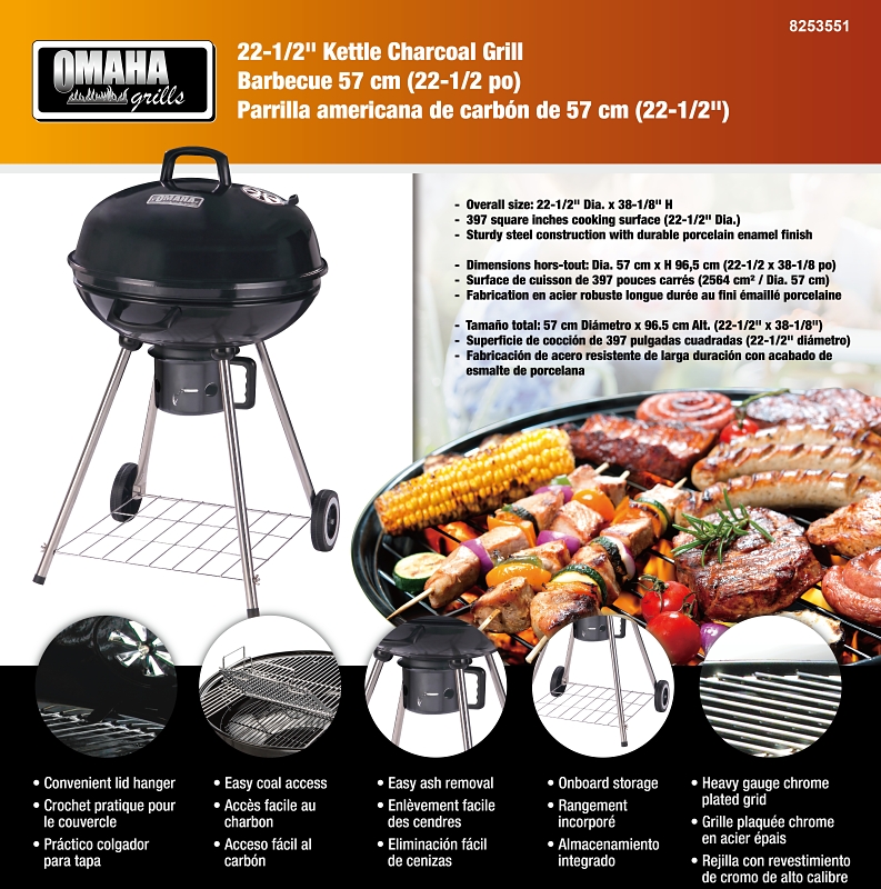 Omaha DFKP22443L Charcoal Kettle Grill, 2-Grate, 397 sq-in Primary Cooking Surface, Black, Steel Body