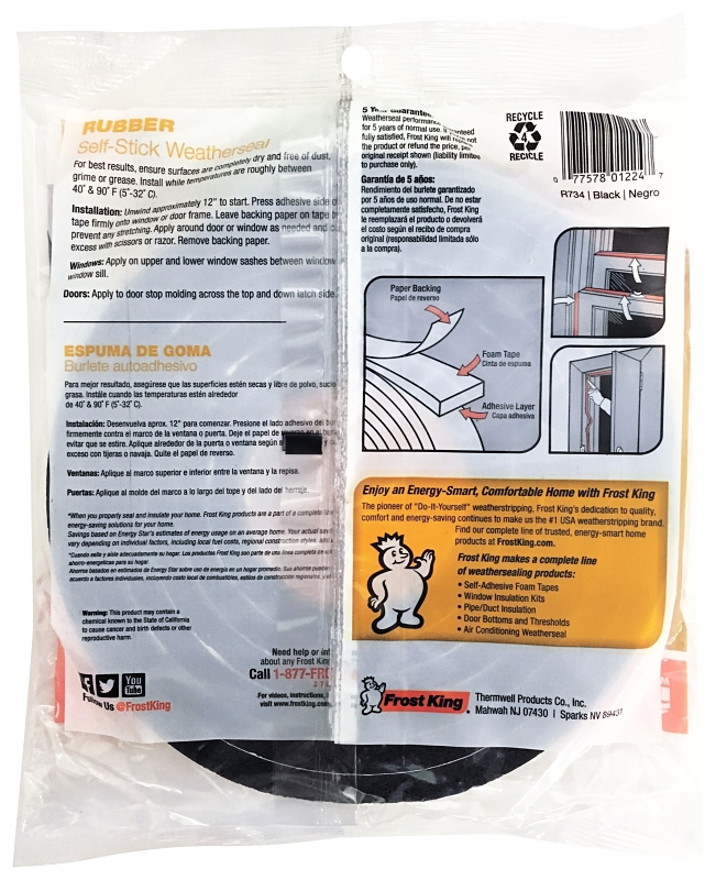 Frost King R734H Foam Tape, 3/4 in W, 10 ft L, 7/16 in Thick, Rubber, Black