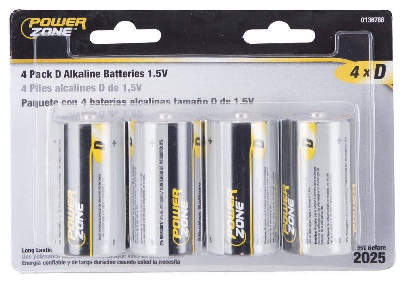 PowerZone LR20-4P-DB Battery, 1.5 V Battery, D Battery, Zinc, Manganese Dioxide, and Potassium Hydroxide