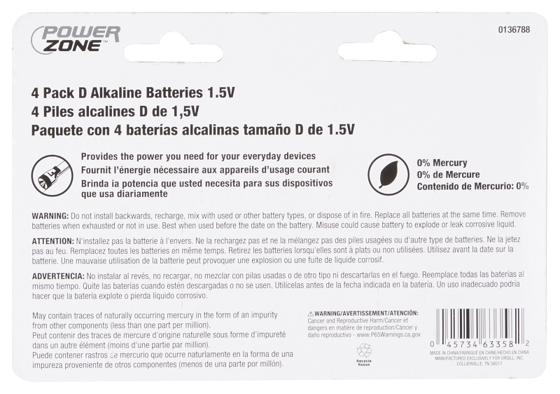 PowerZone LR20-4P-DB Battery, 1.5 V Battery, D Battery, Zinc, Manganese Dioxide, and Potassium Hydroxide