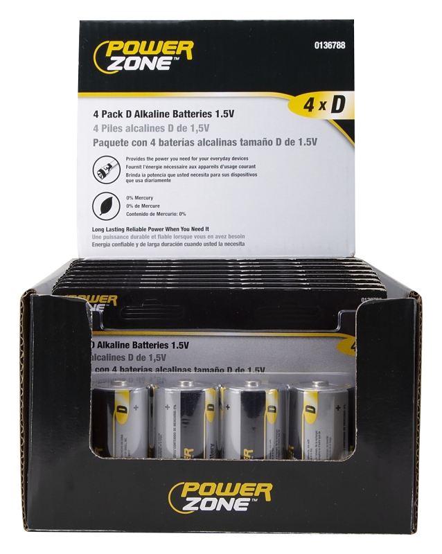 PowerZone LR20-4P-DB Battery, 1.5 V Battery, D Battery, Zinc, Manganese Dioxide, and Potassium Hydroxide