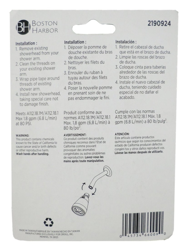 Boston Harbor PP6881320 Shower Head, Round, 1.8 gpm, 1/2-14 NSPM Connection, Threaded, ABS, 1-3/4 in Dia