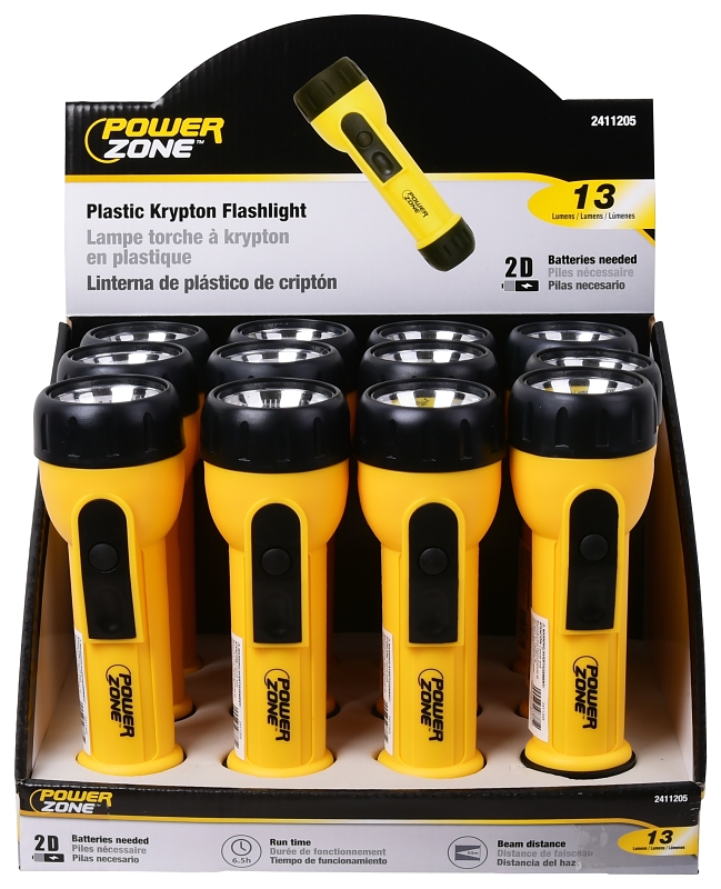 PowerZone JL-L0013L High-Impact Flashlight, D Battery, D Battery, Krypton Lamp, 13 Lumens, 50 m Beam Distance, Yellow