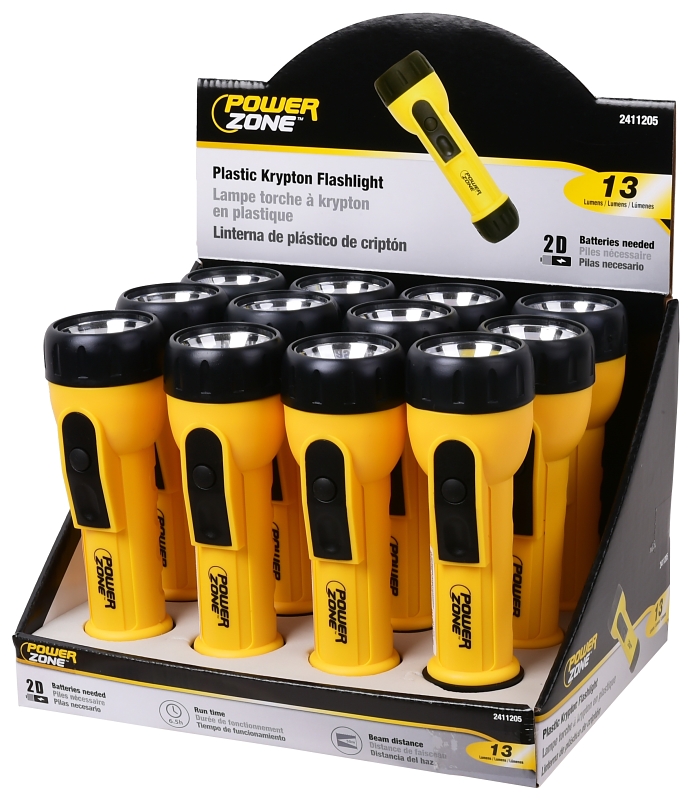 PowerZone JL-L0013L High-Impact Flashlight, D Battery, D Battery, Krypton Lamp, 13 Lumens, 50 m Beam Distance, Yellow