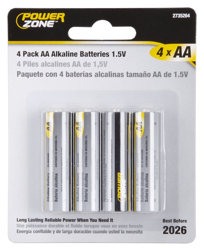 PowerZone LR6-4P-DB Battery, 1.5 V Battery, AA Battery, Zinc, Manganese Dioxide, and Potassium Hydroxide