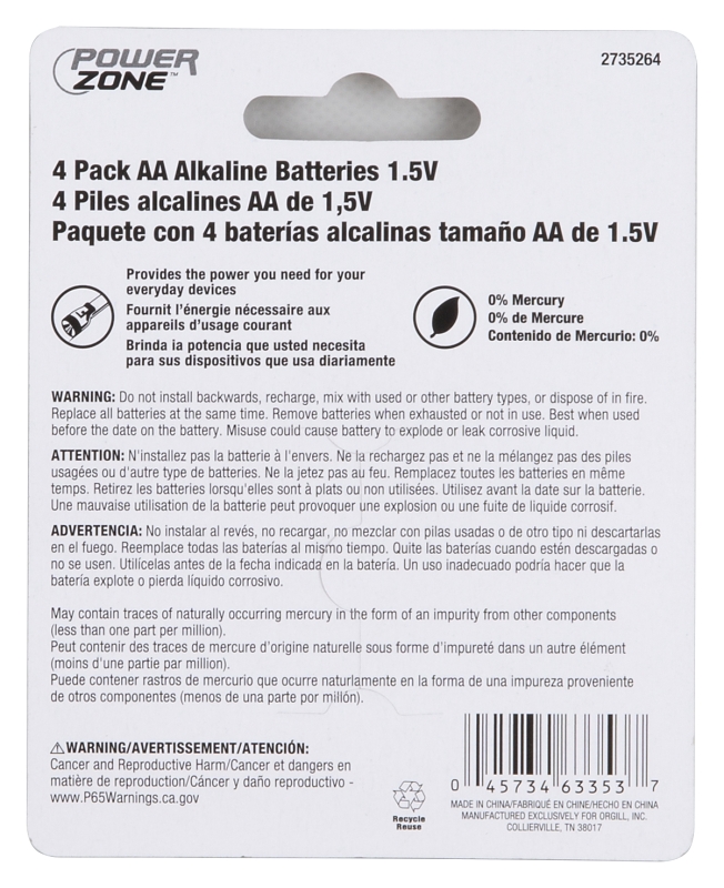 PowerZone LR6-4P-DB Battery, 1.5 V Battery, AA Battery, Zinc, Manganese Dioxide, and Potassium Hydroxide