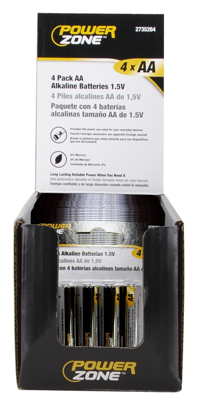 PowerZone LR6-4P-DB Battery, 1.5 V Battery, AA Battery, Zinc, Manganese Dioxide, and Potassium Hydroxide